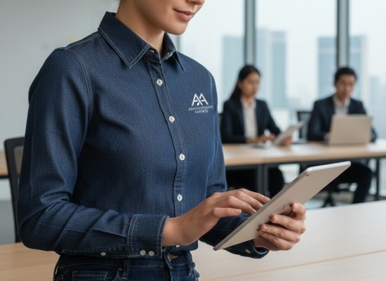 Fotografía de una mujer que trabaja en una oficina utilizando uno de los modelos de blusas de mezclilla de Airman.