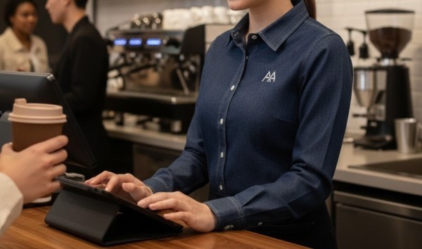 Fotografía de una mujer trabajando en el mostrador de una cafetería utilizando una de las blusas de mezclilla de Airman.