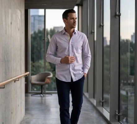 Fotografía de un hombre caminando y utilizando una camisa de cuadros color lavanda de la marca Airman.