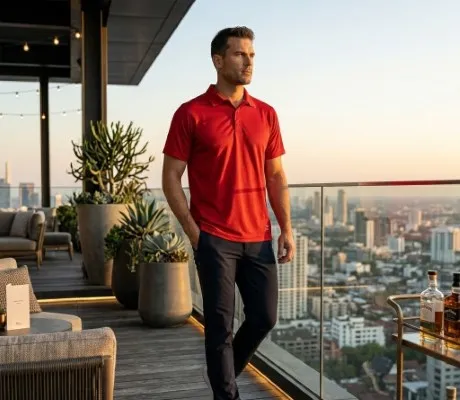Fotografía de un hombre caminando y usando una de las playeras polo hombre de la marca Airman color rojo.