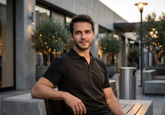 Fotografía de un hombre sentado utilizando una de las playeras polo hombre de la marca Airman color negro.