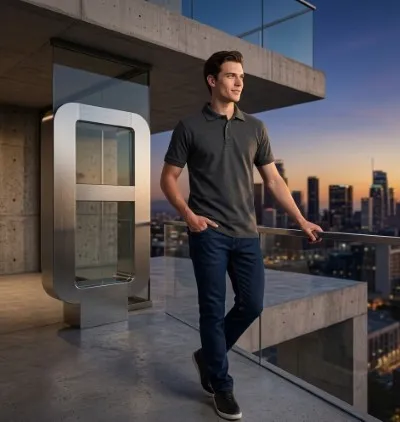 Fotografía de un hombre de pie utilizando una playera polo color gris con un pantalón de mezclilla y de fondo la ciudad.