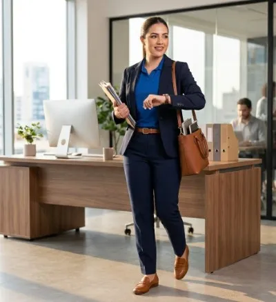 Fotografía de una mujer utilizando una playera polo color azul rey con un pantalón y un saco color azul marino.