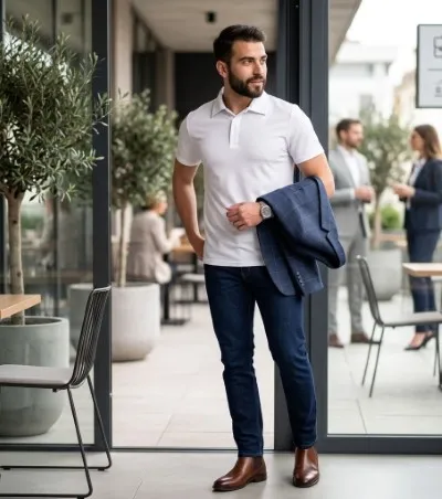 Fotografía de un hombre utilizando una playera polo color blanco con pantalón azul marino y zapatos color café.