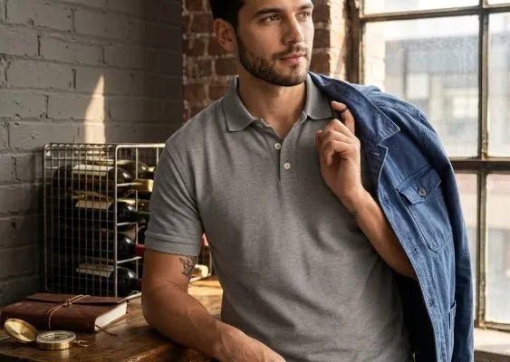 Fotografía de un hombre utilizando una de las playeras polo hombre color gris claro sosteniendo una chaqueta de mezclilla.