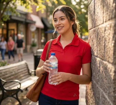 Fotografía de una mujer recargada en una pared al aire libre utilizando una playera polo dama color rojo.