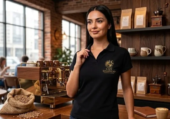 Fotografía de una mujer en el mostrador de una cafetería utilizando una playera polo dama color negro con logotipo bordado.